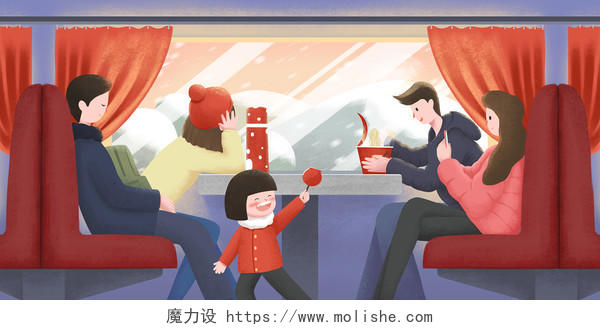 春节插画新年插画手绘红色春运回家旅途背景插画